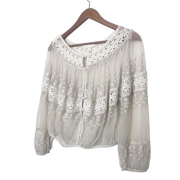 Vintage Free People Sheer Crochet Lace Embroidered Peasant Top Size XS Ivory - Picture 3 of 7